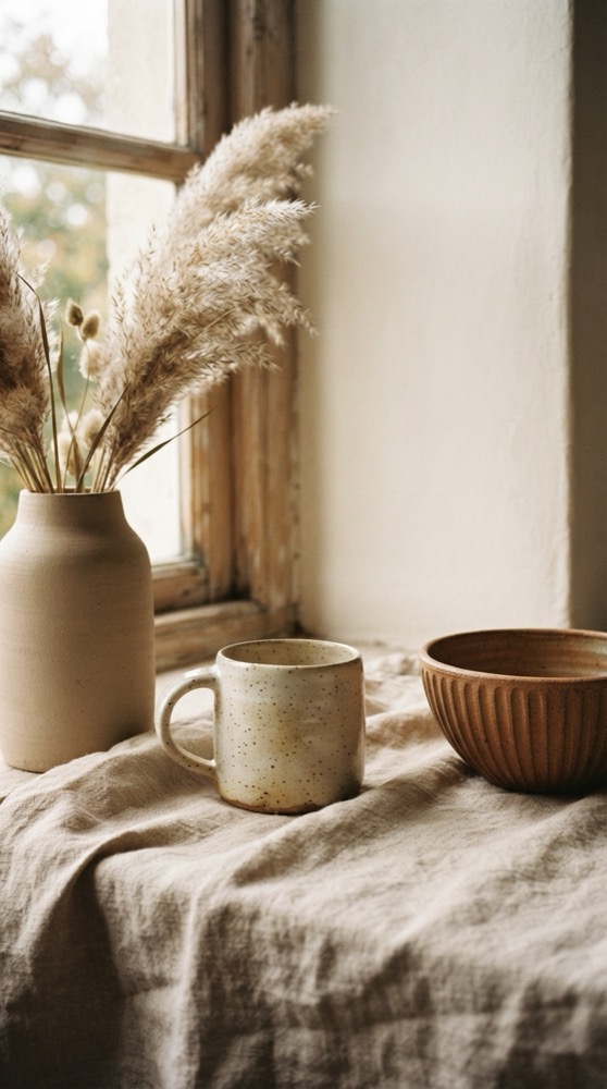 A mug and a bowl beside a vase of dried grass