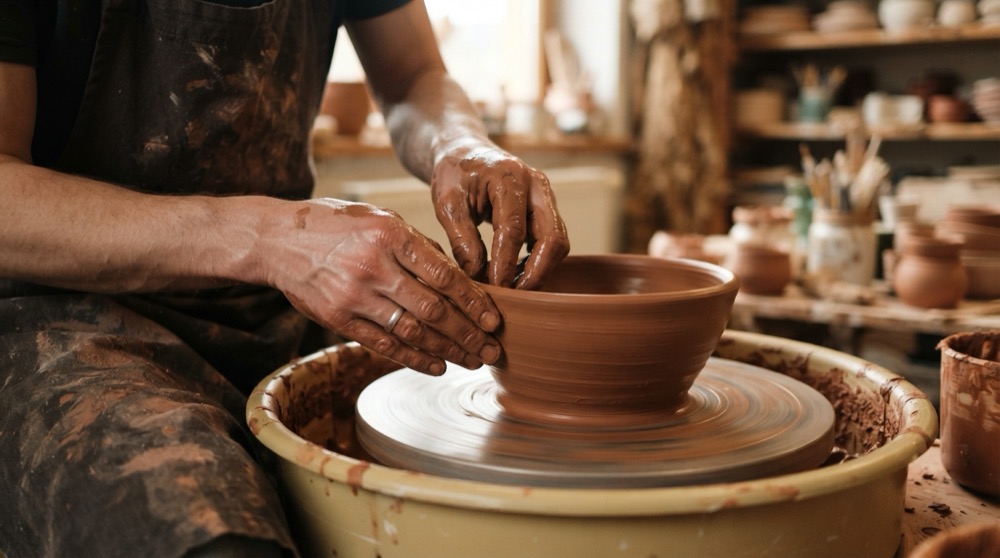 Hands shaping a bowl on a wheel